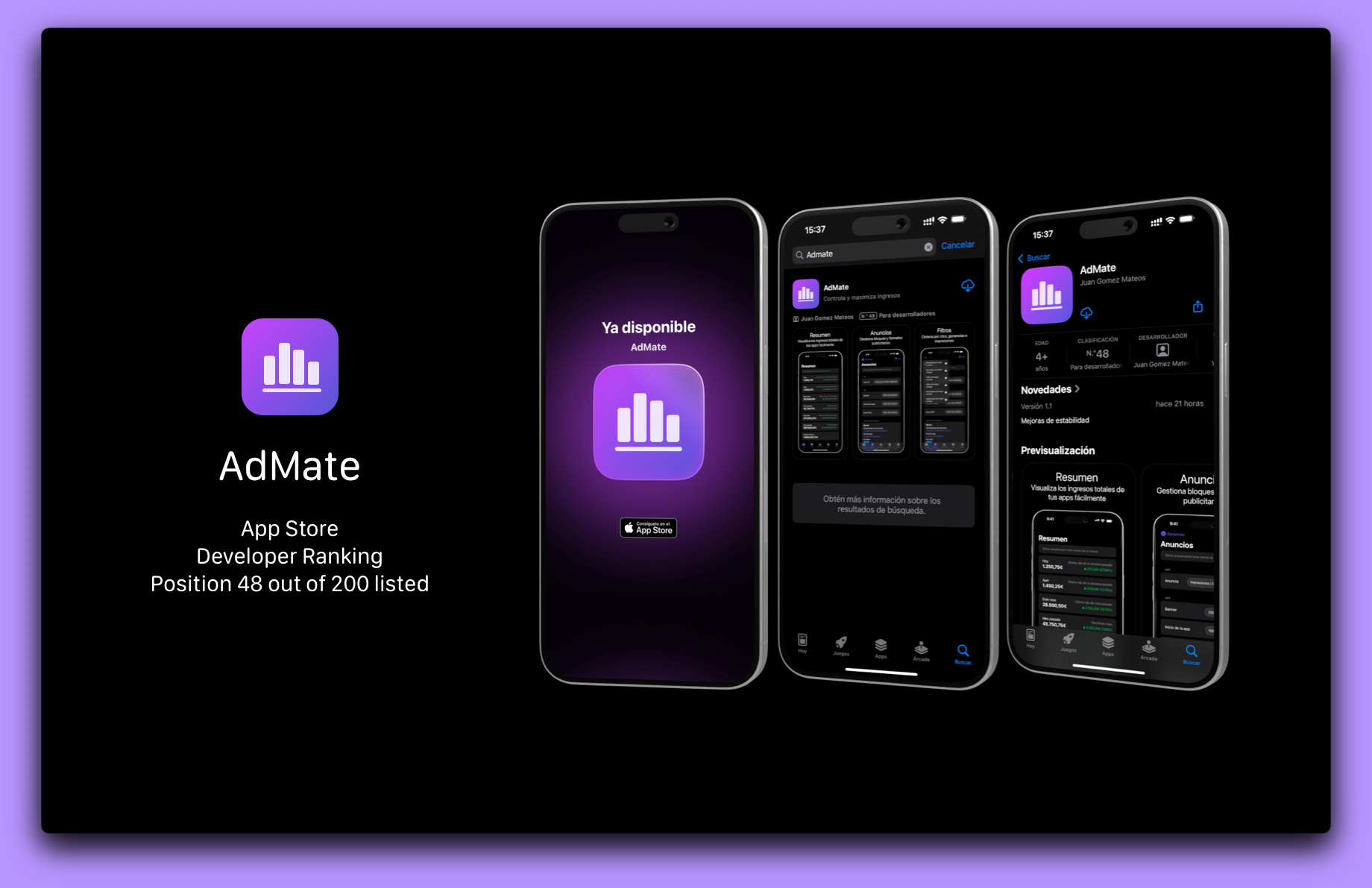 AdMate Ranking - App Store ranking showing position #48 in the For Developers category